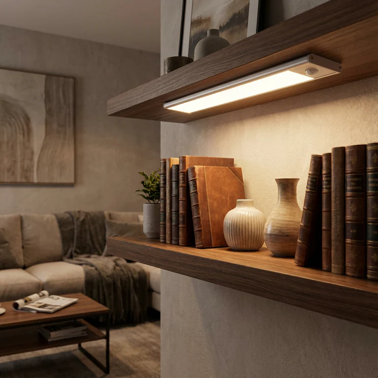 AMBIENTIFY Sora slim rechargeable LED light bar mounted beneath a wooden shelf above a home desk, casting warm even light across the workspace — motion sensor under-cabinet lighting in brushed aluminium.