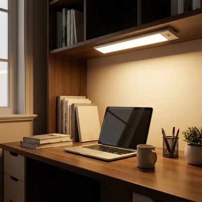 AMBIENTIFY Sora slim rechargeable LED light bar mounted beneath a wooden shelf above a home desk, casting warm even light across the workspace — motion sensor under-cabinet lighting in brushed aluminium.