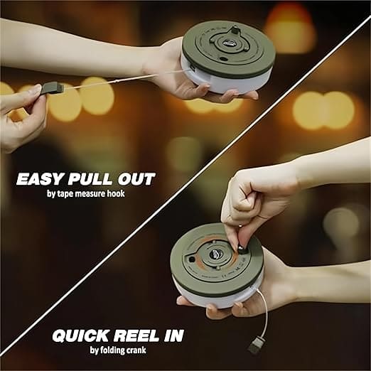 Campify String fairy light reel held in hand at night, showing warm amber LED string lights extended across dark outdoor ground, compact hub glowing with blue charge indicator, IP67 waterproof camping and home fairy lights.