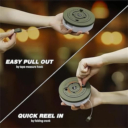 Campify String fairy light reel held in hand at night, showing warm amber LED string lights extended across dark outdoor ground, compact hub glowing with blue charge indicator, IP67 waterproof camping and home fairy lights.