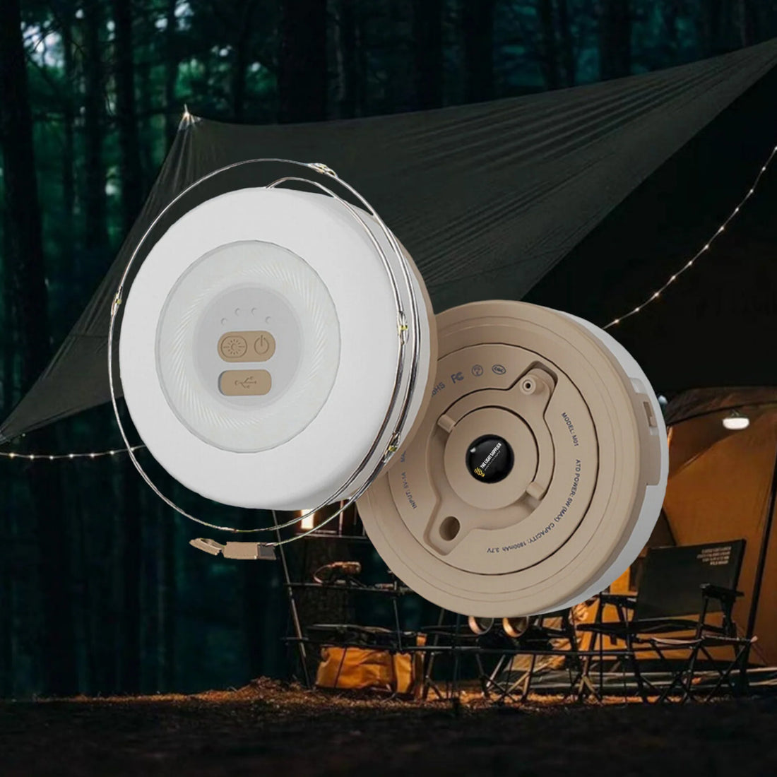Campify String fairy light reel held in hand at night, showing warm amber LED string lights extended across dark outdoor ground, compact hub glowing with blue charge indicator, IP67 waterproof camping and home fairy lights.