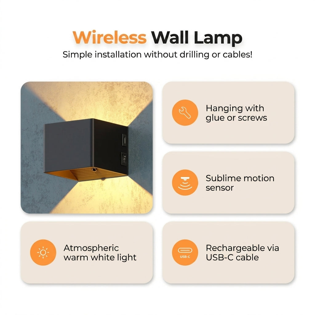 LUNIFY Boca compact aluminium wall light mounted on a slatted wood wall, casting a warm 2700K up-and-down glow. Wireless rechargeable LED wall lamp with motion sensor and magnetic mounting for wire-free indoor installation.