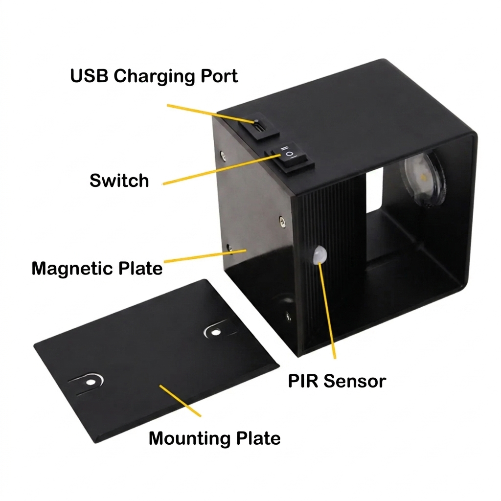 LUNIFY Boca compact aluminium wall light mounted on a slatted wood wall, casting a warm 2700K up-and-down glow. Wireless rechargeable LED wall lamp with motion sensor and magnetic mounting for wire-free indoor installation.