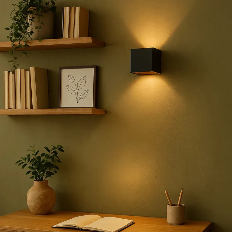 LUNIFY Boca compact aluminium wall light mounted on a slatted wood wall, casting a warm 2700K up-and-down glow. Wireless rechargeable LED wall lamp with motion sensor and magnetic mounting for wire-free indoor installation.
