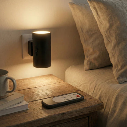 PLUGIFY One plug-in wall light in matte finish mounted in a bedroom wall socket, casting warm ambient light onto a wooden bedside table with a remote control and ceramic mug beside it.